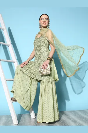 Chhabra 555 Women Green Sequinned Made to Measure Kurta with Sharara & Dupatta