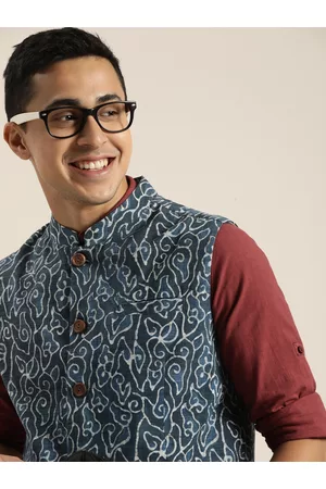 Taavi Men Indigo Ethnic Motifs Printed Pure Cotton Nehru Jacket