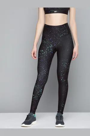 Reebok Women Black & Sea Green Lux 2.0 Speckle Tights