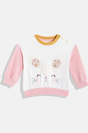 Mothercare Girls White & Pink Colourblocked Cotton Round Neck Sweatshirt