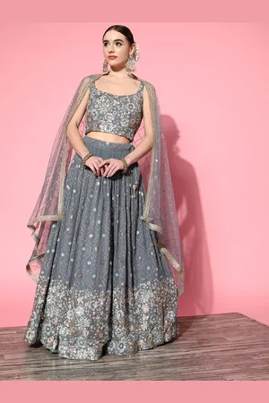 Chhabra 555 Grey & Silver-Toned Embroidered Sequinned Made to Measure Lehenga & Blouse With Dupatta