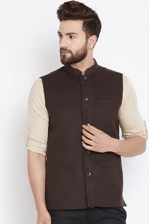 Even Men Brown Solid Woven Wollen Nehru Jacket