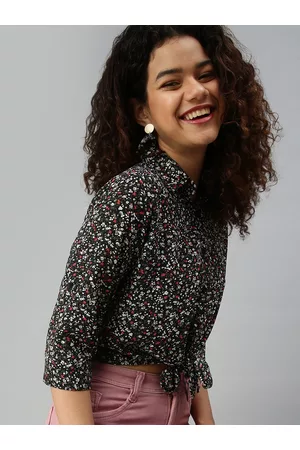 SHOWOFF Women Black Floral Print Crepe Shirt Style Top