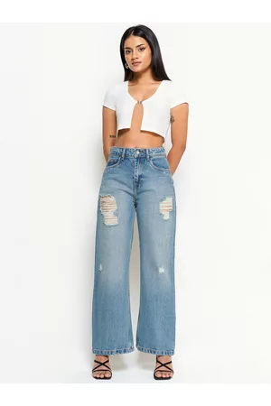 FREAKINS Women Cotton Wide Leg High-Rise Mildly Distressed Jeans