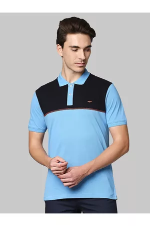 Park Avenue Men Blue Colourblocked Polo Collar Cotton Slim Fit T-shirt