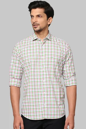 Park Avenue Men Green & Pink Slim Fit Checked Casual Shirt