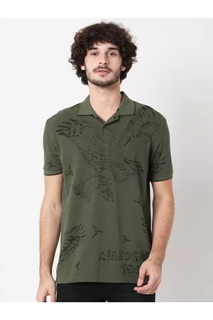 Mufti Men Olive Green Printed Polo Collar Slim Fit T-shirt
