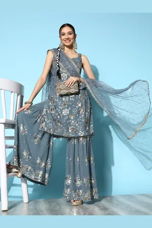 Chhabra 555 Women Grey Floral Sequinned Made to Measure Kurta with Sharara & With Dupatta