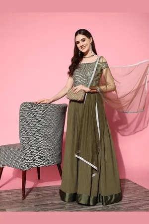 Chhabra 555 Olive Green & Gunmetal-Toned Embellished Georgette Made to Measure Maxi Dress