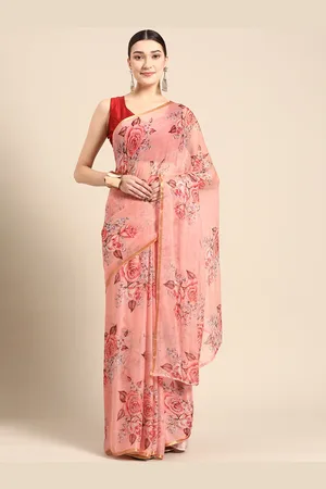 ZARI Floral Pure Chiffon Block Print Saree