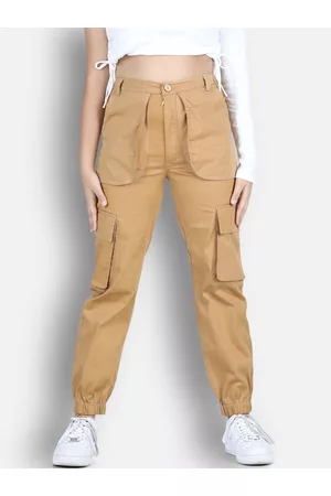 Cutiekins Girls Camel Brown High-Rise Cargos Trouser