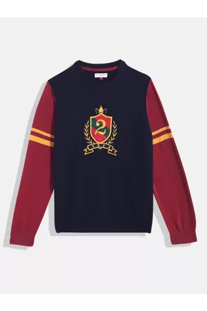 Ralph Lauren Boys Navy Blue & Maroon Alphanumeric Embroidered Pure Cotton Pullover