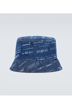 + Paula's Ibiza leather-trimmed frayed denim bucket hat