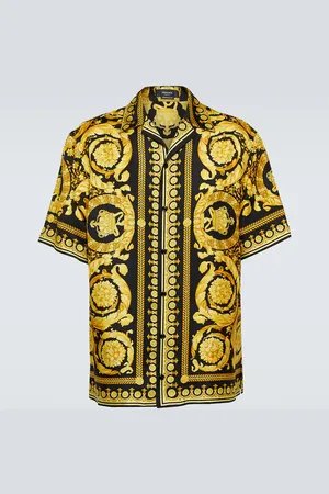 VERSACE Logomania Twill Allover Silk Shirt Blue - Clothing from