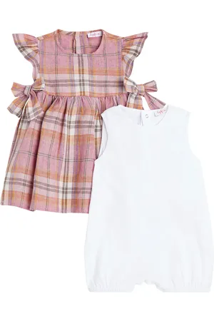 Il gufo Baby checked linen playsuit and dress set