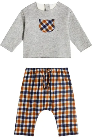 Il gufo Baby checked cotton top and pants set