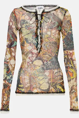 Jean Paul Gaultier Printed lace-trimmed mesh top
