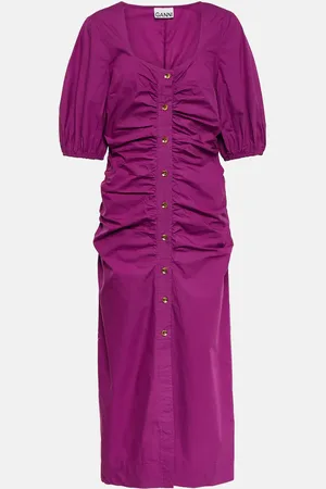 Ganni Ruched cotton poplin midi dress