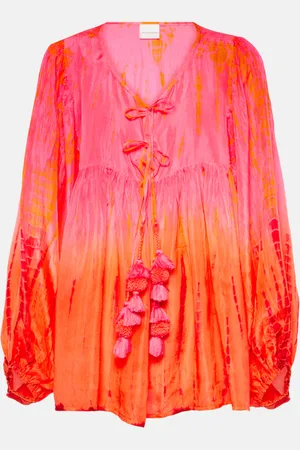 ANNA KOSTUROVA Balloon-sleeve tie-dyed pompom silk top