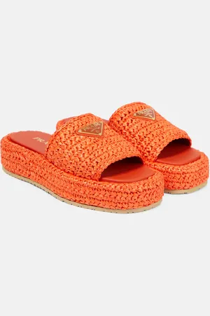 Prada Logo raffia platform slides