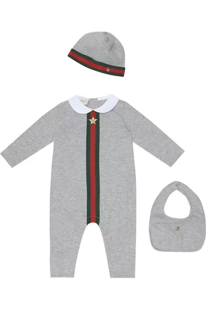 Baby Logo Cotton Bodysuit Hat And Bib Set in Blue - Gucci Kids