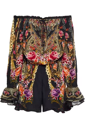 Camilla Off-shoulder printed silk romper