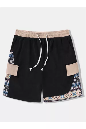 Newchic Men Outfit Sets with Shorts - Mens Ethnic Geometric Print Patchwork Corduroy Drawstring Waist Shorts