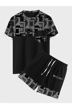 Newchic Men Ethnic Wear - Mens Ethnic Paisley Japanese Print Patchwork Crew Neck Two Pieces Outfits