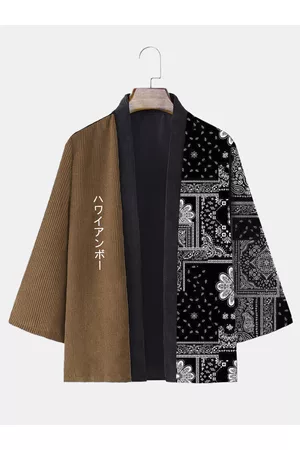 Newchic Men Ethnic Wear - Mens Ethnic Paisley Print Patchwork Japanese Embroidery Corduroy Kimono