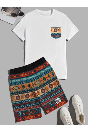 Newchic Men Ethnic Wear - Mens Colorful Geometric Print Crew Neck Ethnic Two Pieces Outfits