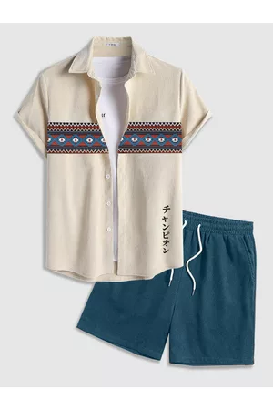 Newchic Men Ethnic Wear - Mens Ethnic Geometric Japanese Embroidered Corduroy Two Pieces Outfits