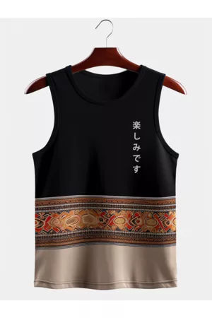 Newchic Men Ethnic Wear - Mens Ethnic Totem Print Patchwork Japanese Print Sleeveless Tanks