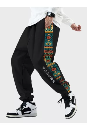 Newchic Men Sports Trousers - Mens Ethnic Geometric Japanese Side Print Patchwork Loose Sweatpants