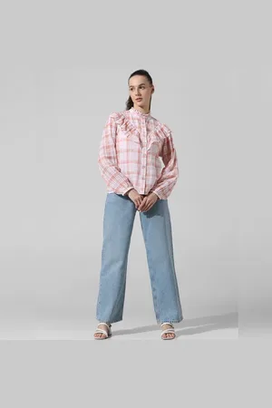 Pink Check Puff Sleeves Top