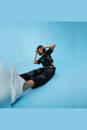 ONLY X Smiley Mid Rise Black Co-ord Joggers