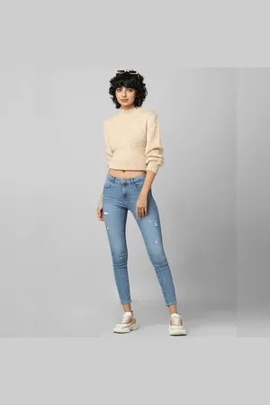 ONLY Blue Mid Rise Pushup Distressed Skinny Jeans