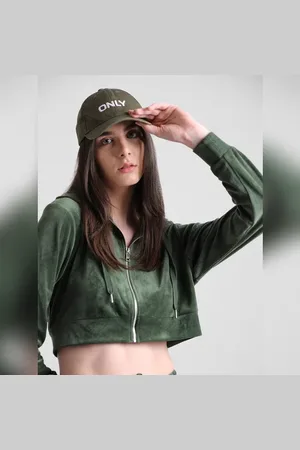 ONLY GREEN CROPPED HOODED VELOUR SWEATSHIRT