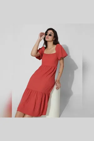 ONLY Red Textured Smocked Midi Dress