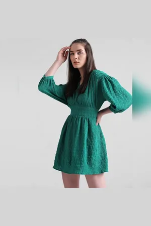 ONLY Green Crinkled V-Neck Mini Dress