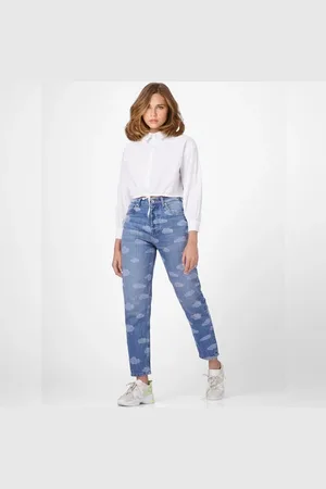 ONLY Blue High Rise Cloud Print Mom Jeans