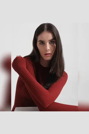 ONLY Dark Red Rib Knit Fitted Pullover