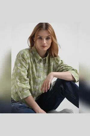 ONLY Green Embroidered Cropped Shirt
