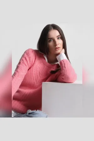 ONLY Pink Rib-Knit Pointelle Pullover