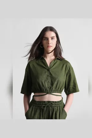 ONLY Green Linen Cropped Shirt