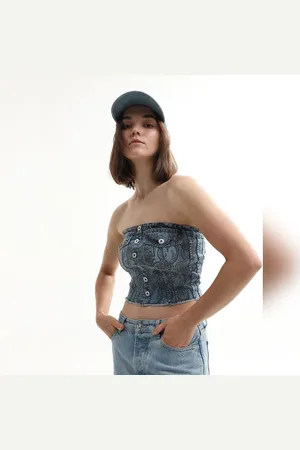 ONLY MICKEY Blue Scribble Print Denim Tube Top