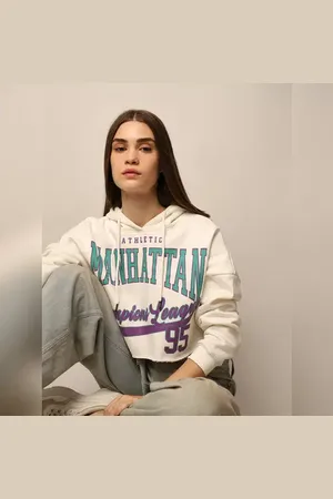 ONLY WHITE PRINTED CROPPED HOODED SWEATSHIRT