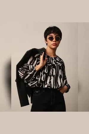 ONLY Black Abstract Print Chiffon Top