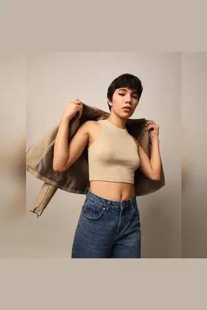 ONLY Beige Ribbed Cropped Tank Top