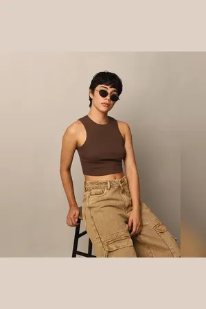 ONLY Brown Ribbed Cropped Tank Top