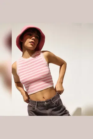 ONLY Pink Striped Knitted Crop Top